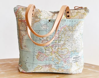 World Map Tote Bag with zipper, Canvas and Leather World Map Purse for travel, Gift for traveler