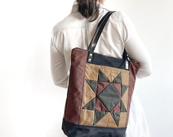 Borsa tote in tela cerata con patchwork, borsa grande con stella a blocchi trapuntati, borsa a tracolla personalizzabile