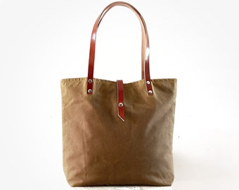 Large Tote Bag in Caramel Waxed Canvas with Leather Handles, Stylish Work Handbag for everyday