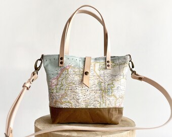 Small World Map Bag with Cross Body Strap, Canvas and leather Shoulder Bag, Cute Travel Purse for Woman