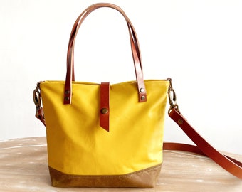 Small Tote Bag with Shoulder Strap, Waxed Canvas and Leather Crossbody Bag with zipper