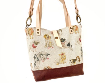 Canvas Crossbody Bag with Dogs Print and Leather Straps - Stylish and Functional Purse for Dog Lovers
