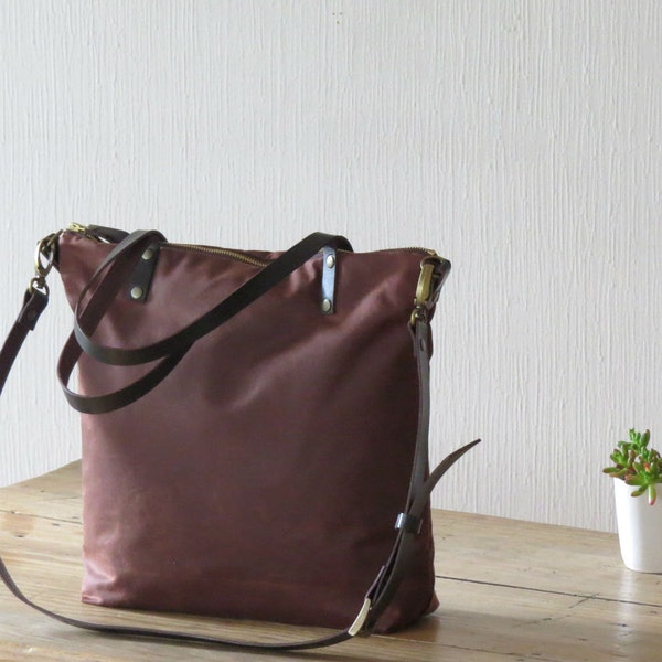 20% OFF Brown Bag with Zip and Crossbody Strap, Waxed Canvas Bag , Brown Canvas Tote Bag, Zip Tote Bag, Messenger bag, Crossbody bag