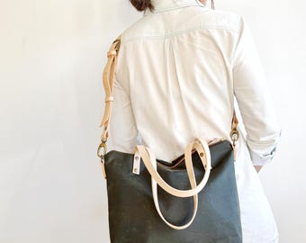 Waxed Canvas Crossbody Tote, Shoulder Bag, Leather Straps, Zipper, Pockets, Canvas Messenger Personalised initials