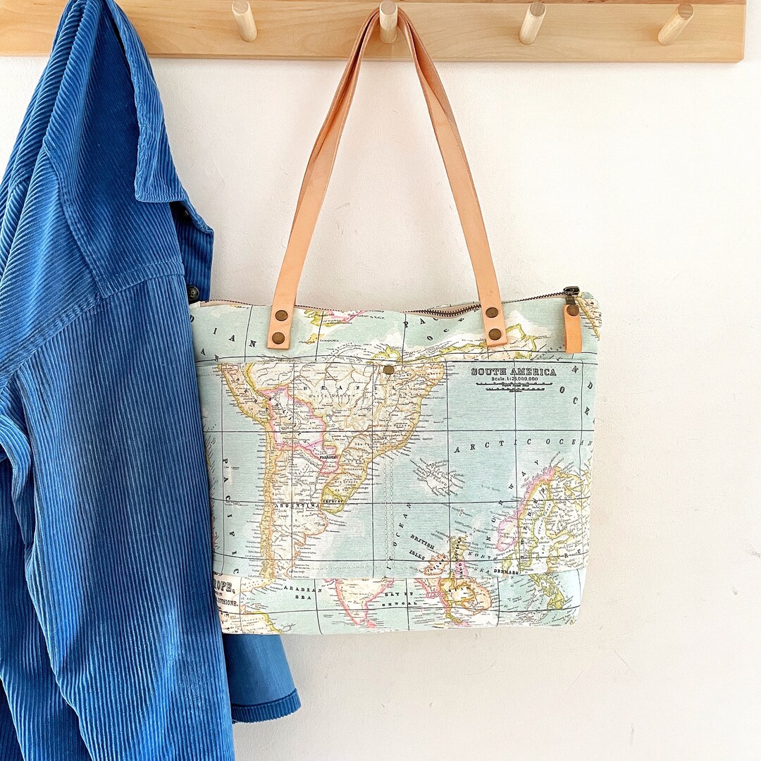 World Map Canvas Tote Bag With Zipper, Canvas and Leather Map Purse