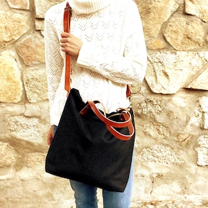 Grand sac de travail pour femme, sac fourre-tout en toile cirée avec poignées et bandoulière en cuir, sac à main en toile personnalisé pour tous les jours et les voyages
