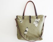Tote bag leather handles, Carryall bag, Diaper bag, Linen Canvas Tote Bag , Messenger bag olive green butterflies