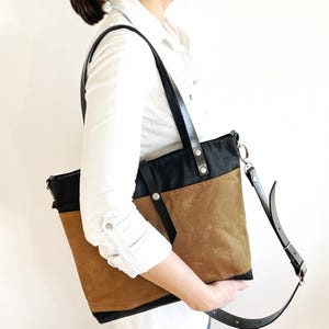 Black and Brown Cross Body Tote for work, Waxed Canvas Tote with leather shoulder strap, Stylish Everyday Bag for Women