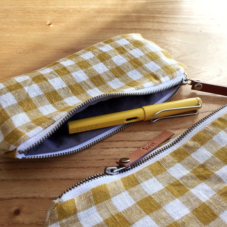 Cute pencil case, Linen pencil case, Checkered fabric pencil pouch, Yellow white check fabric pencil case, Personalized pencil case zipper image 7