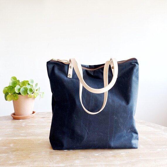 Personalised Waxed Canvas Work Tote Bag: Leather Handles, Minimalist Handbag with pockets and zipper