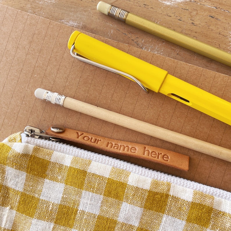 Cute pencil case, Linen pencil case, Checkered fabric pencil pouch, Yellow white check fabric pencil case, Personalized pencil case zipper image 3