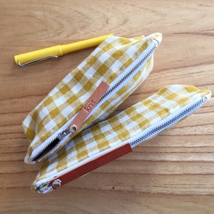 Cute pencil case, Linen pencil case, Checkered fabric pencil pouch, Yellow white check fabric pencil case, Personalized pencil case zipper image 8