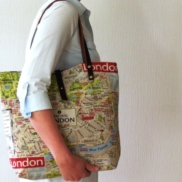 Canvas Bag Leather Handles London Map Tote bag - Tote Bag Leather Handles - Limited Edition Travel Bag Unisex Everyday Carryall Shoulder Bag