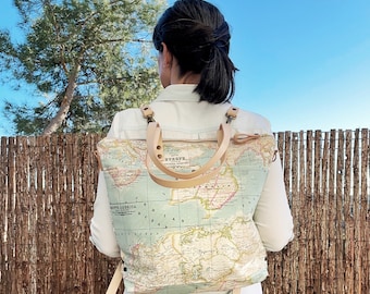 Stylish World Map Tote Bag Convertible Backpack Purse with Leather Handles