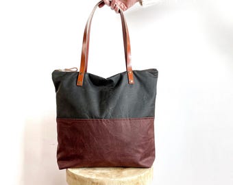 Gewachste Canvas Arbeitstasche: Lederriemen, Reißverschluss, individuelle Farben, große Handtasche