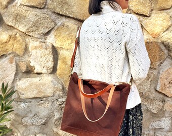 Waxed Canvas Work Bag, Crossbody Tote with Leather Handles and Laptop compartment, Personalised