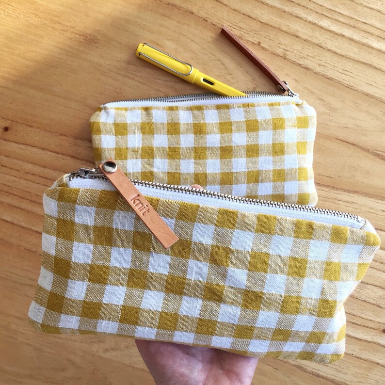 Cute pencil case, Linen pencil case, Checkered fabric pencil pouch, Yellow white check fabric pencil case, Personalized pencil case zipper image 6
