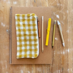Cute pencil case, Linen pencil case, Checkered fabric pencil pouch, Yellow white check fabric pencil case, Personalized pencil case zipper image 2