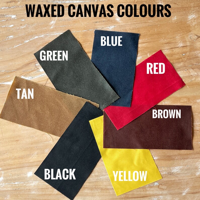 A few waxed canvas swatches showing the colours available: green, tan, black, yellow, brown, red and blue.