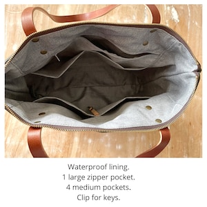 This picture shows the inside of the bag, and there´s text explaining the features. It has waterproof lining, 1 large zipper pocket and 4 more pockets. There´s also a clip for keys inside.
