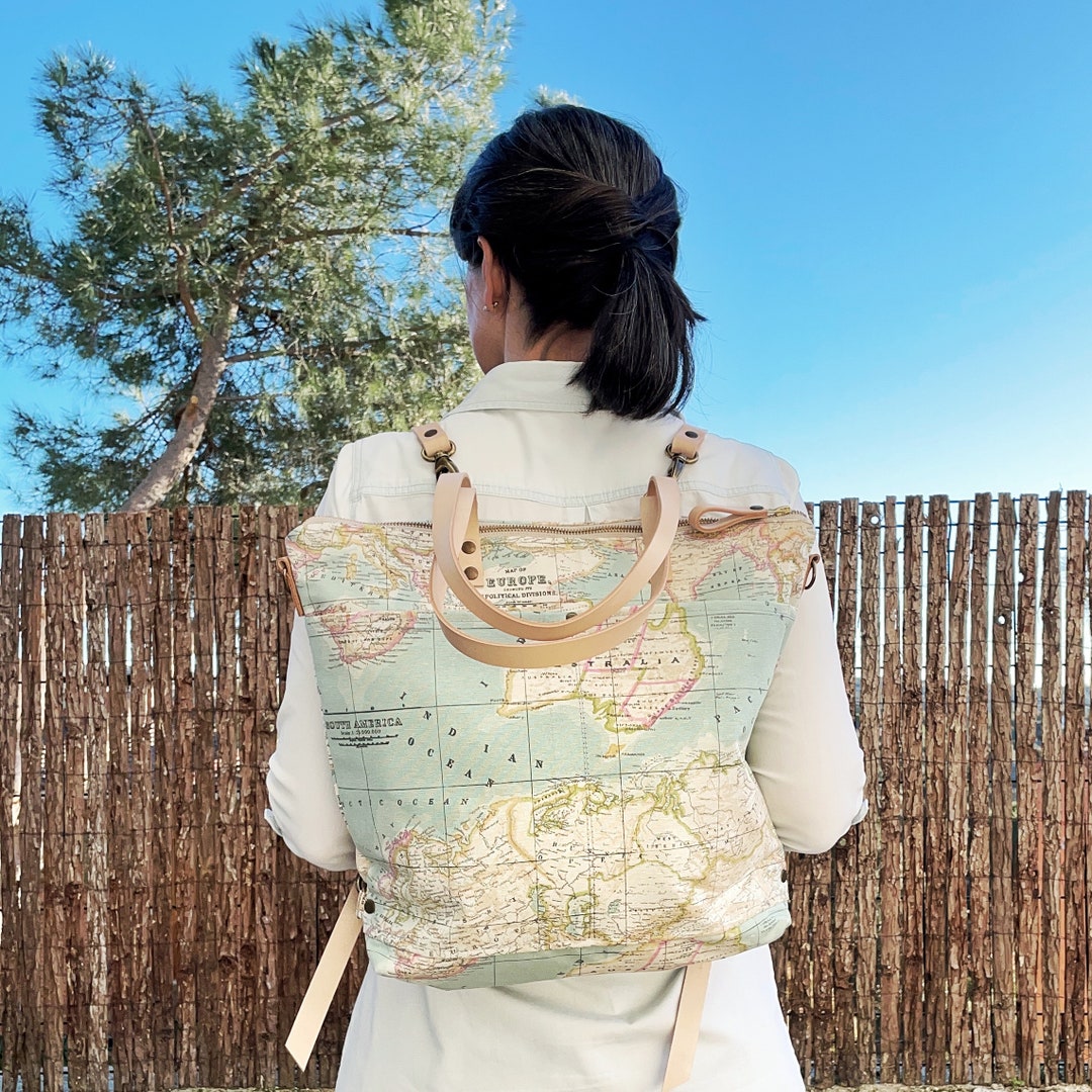 Map Backpack Canvas Backpack Tote, Large Convertible Travel Purse, World Map Print ...