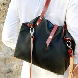 Waxed Canvas Cross Body Tote Bag with leather shoulder strap, Messenger Bag Women Medium Size, Personalized Everyday Purse Women