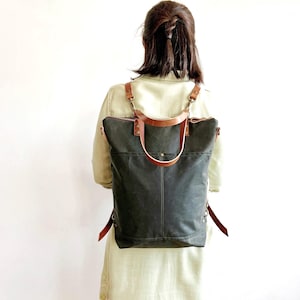 Convertible Laptop Backpack Tote, Waxed Canvas Work Backpack, Travel Backpack Purse, Personalized Bag for 16 inches Laptop