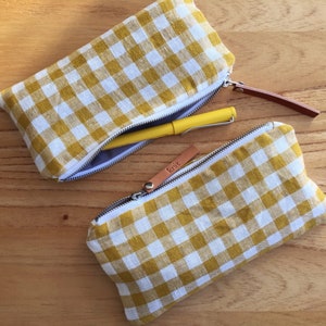 Cute pencil case, Linen pencil case, Checkered fabric pencil pouch, Yellow white check fabric pencil case, Personalized pencil case zipper image 4