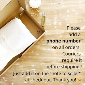 Etsy shipping infographic: Photo of a handmade package requesting customers to include their phone number in the 'note to seller' at checkout. The text explains that this is required for couriers for all shipments.