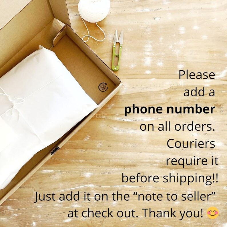 Etsy shipping infographic: Photo of a handmade package requesting customers to include their phone number in the 'note to seller' at checkout. The text explains that this is required for couriers for all shipments.