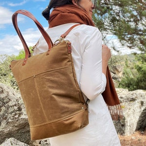 Large Laptop Backpack, Waxed Cotton Canvas Tote Backpack for Work, Convertible Backpack Tote for Travel, Personalized Laptop Bag Women