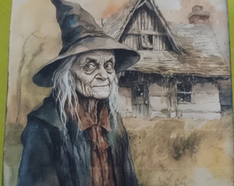 Panneau en bois d'Halloween sorcière vintage, décor sépia rétro