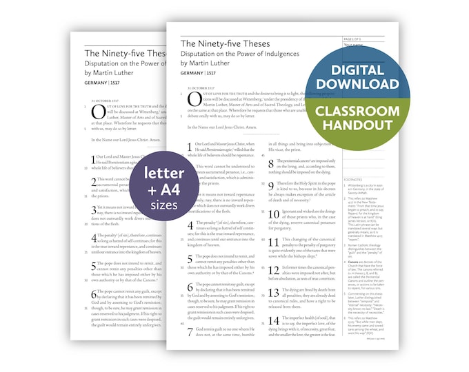 The Ninety-five Theses: Disputation on the Power of Indulgences by Martin Luther (Germany | 1517) — Digital download classroom handout
