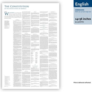 May include: A white print of the U.S. Constitution, with the title at the top. The dimensions are 24x36 inches. The text is in black, with a blue box in the upper right corner that says "English". The print is delivered unframed.