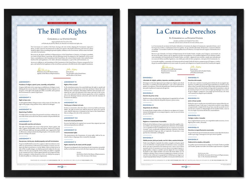 May include: Two framed prints of the Bill of Rights, one in English and the other in Spanish. The documents feature black frames and white paper with text. The English version is titled "The Bill of Rights" and the Spanish version is titled "La Carta de Derechos".