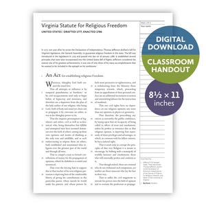 May include: A white educational handout titled Virginia Statute for Religious Freedom, drafted 1777 and enacted 1786. The document features black text on a white background, with blue and green circular overlays stating Digital Download, Classroom Handout, and 8 1/2 x 11 inches.