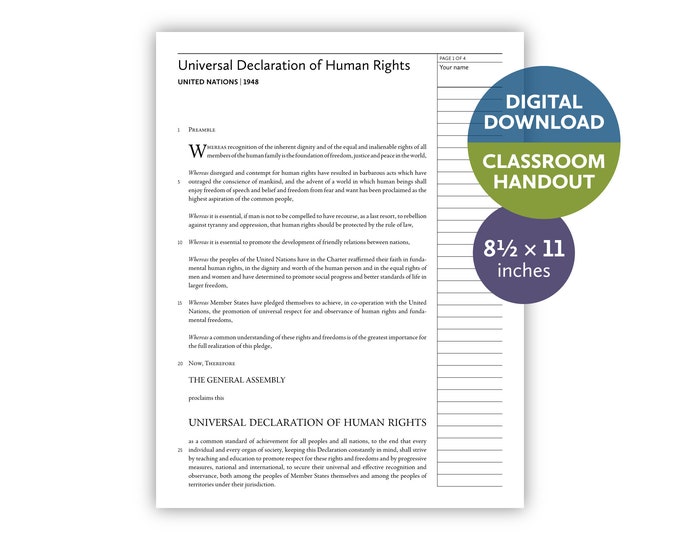 Universal Declaration of Human Rights (English) (United Nations | 1948) — Digital download — Classroom handout — 8.5 by 11 printable