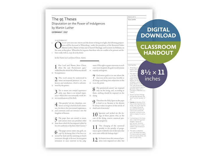 Martin Luther: The 95 Theses (Disputation on the Power of Indulgences) (Germany | 1517) — Digital download — Handout for letter-size paper