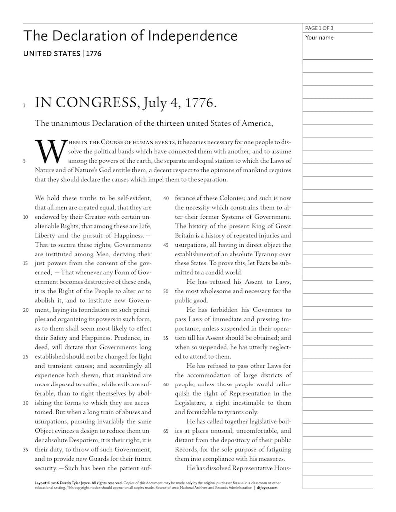 May include: A printed copy of the Declaration of Independence, a historical document from 1776. The text is in black ink on aged paper, with the title "The Declaration of Independence" at the top.