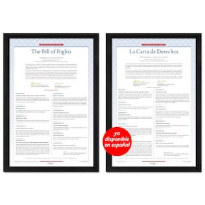 May include: Two framed prints of the Bill of Rights, one in English and the other in Spanish. The English version is titled "The Bill of Rights" and the Spanish version is titled "La Carta de Derechos". Both prints are in black frames.