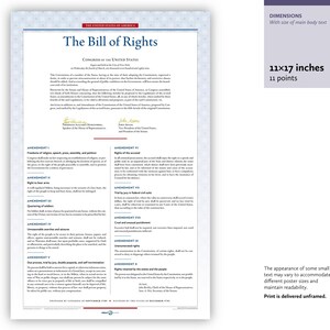 May include: A printed document titled "The Bill of Rights" with text in black ink. The document is 11x17 inches in size and features the text of the first ten amendments to the U.S. Constitution. The print is delivered unframed.