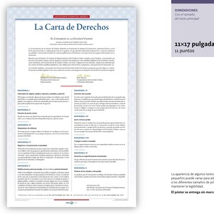 May include: A printed document titled "La Carta de Derechos" in Spanish, with text in a formal layout. The document is 11x17 inches in size. The text includes the dimensions and other details.