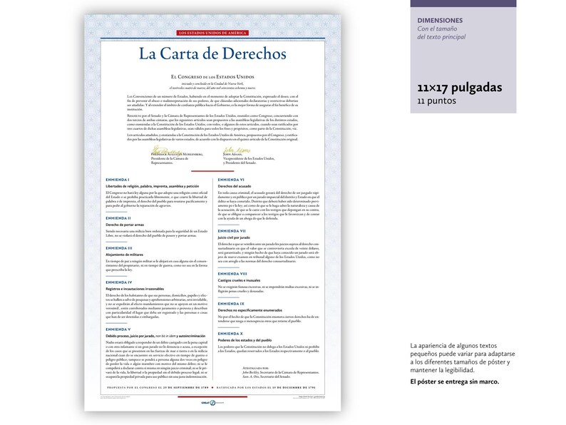 May include: A printed document titled "La Carta de Derechos" in Spanish, with text in a formal layout. The document is 11x17 inches in size. The text includes the dimensions and other details.