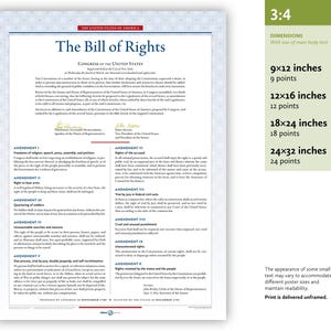 May include: A print of the Bill of Rights, a document from the United States of America. The text is in black ink on a white background, with a blue border. Dimensions are listed as 9x12, 12x16, 18x24, and 24x32 inches.