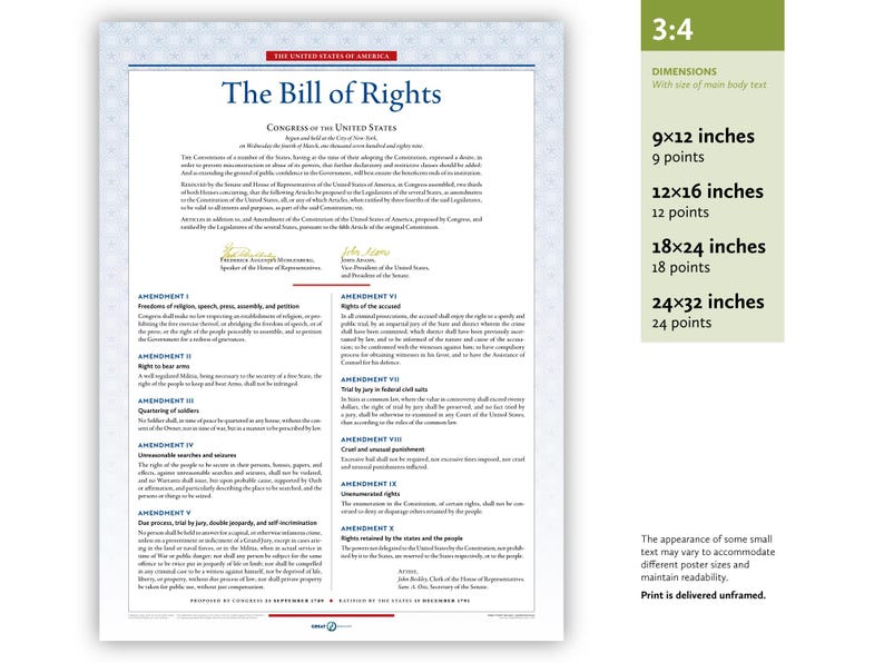 May include: A print of the Bill of Rights, a document from the United States of America. The text is in black ink on a white background, with a blue border. Dimensions are listed as 9x12, 12x16, 18x24, and 24x32 inches.