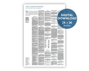 Puede incluir: Una descarga digital del texto completo de la Constitución de los Estados Unidos. El documento está impreso en blanco y negro sobre un fondo blanco. El texto está en una fuente serif tradicional. La imagen mide 61 cm por 91 cm.