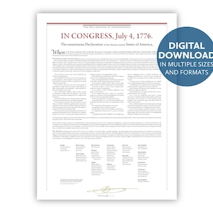 May include: A black and white print of the Declaration of Independence, a historical document from July 4, 1776. The text includes the phrase "When in the Course of human events..." and lists the signatories of the document.