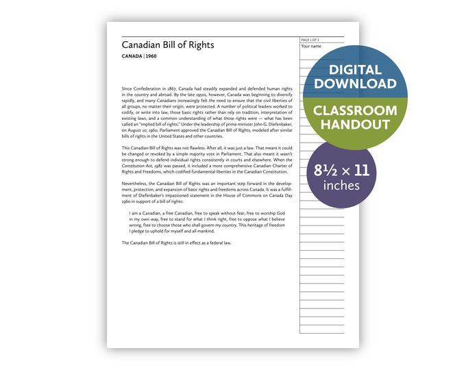 Canadian Bill of Rights (Canada | 1960) — Digital download — Classroom handout — 8.5 by 11 (letter-size) printable for teachers