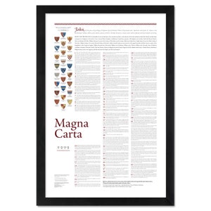 May include: A black and white poster with the text "Magna Carta 1215" and a list of 63 articles. The poster also features a list of names and shields of the barons who signed the Magna Carta.