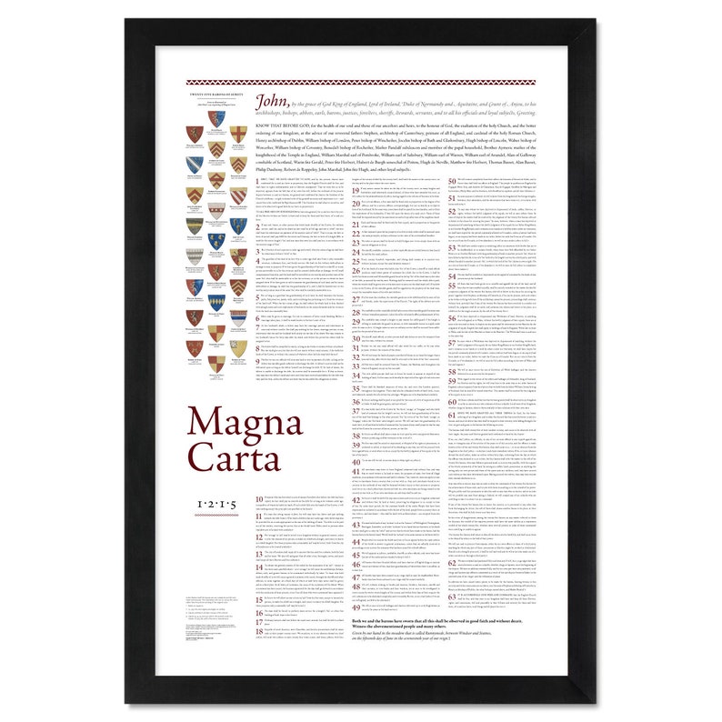 May include: A black and white poster with the text "Magna Carta 1215" and a list of 63 articles. The poster also features a list of names and shields of the barons who signed the Magna Carta.